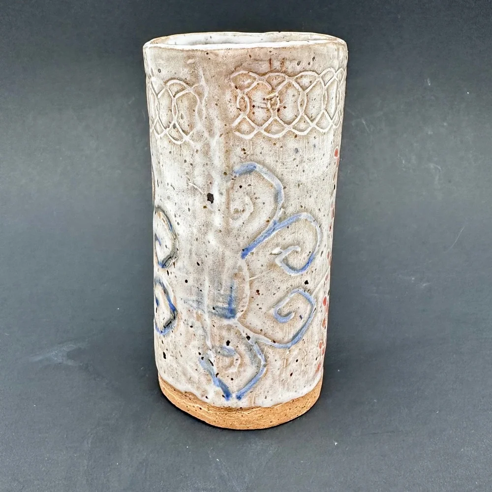 Studio Art Pottery Vase 5.5in Cream Blue Rustic Hand Thrown Stoneware